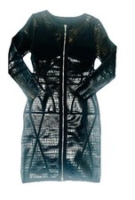 Sleek black bodycon dress with full front zipper. Textured grid and panel detail