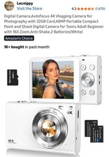 Digital Camera,Autofocus 4K Vlogging Photography, 32GB Card, REG 65