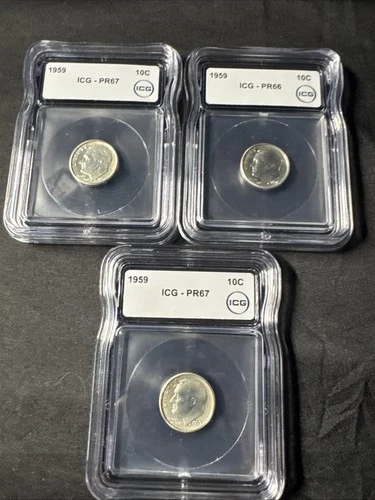 Lot of 3 Roosevelt Dimes 1959 ICG PR67 And PR 66 Silver Proof Coins! 90% Silver!