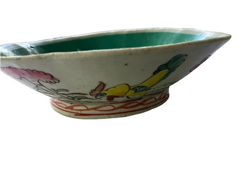 Antique Chinese Hand Painted Porcelain Shallow Bowl Rooster Flowers 7 In across