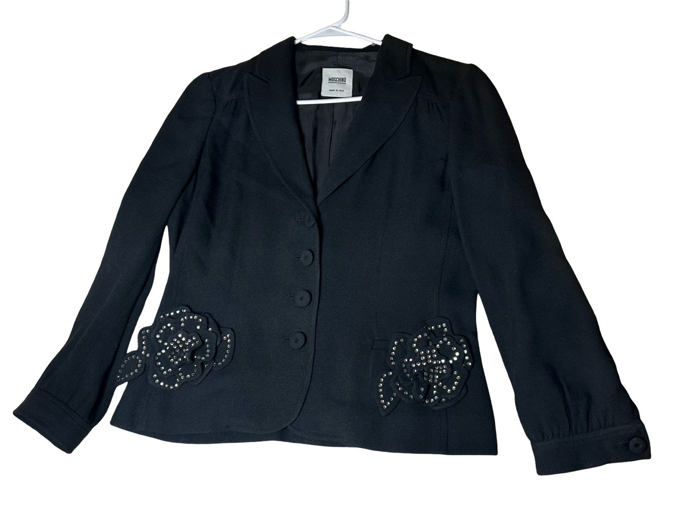 Moschino cheap and chic Blazer Jacket Sz US 10 Black Italy Floral Applique READ