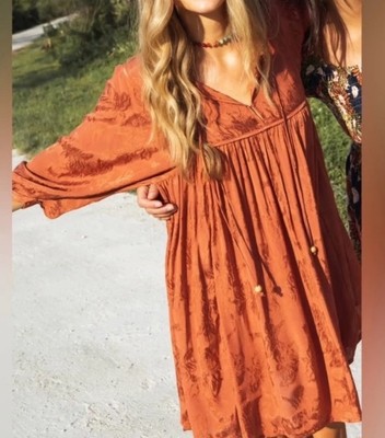 Natural Life Rose Mini Dress S Rust Babydoll Bubble Sleeves Oversized NEW