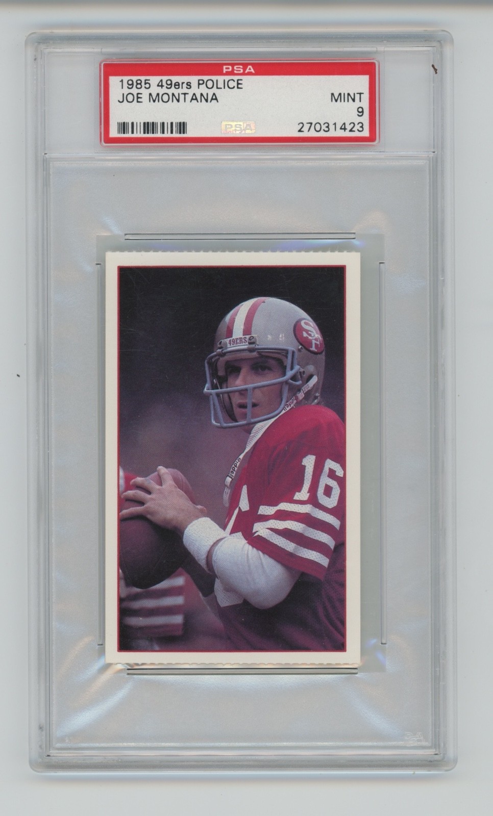 JOE MONTANA 1985 49ERS POLICE 7-11 7 ELEVEN MCGRUFF THE CRIME DOG PSA 9 MINT view 1