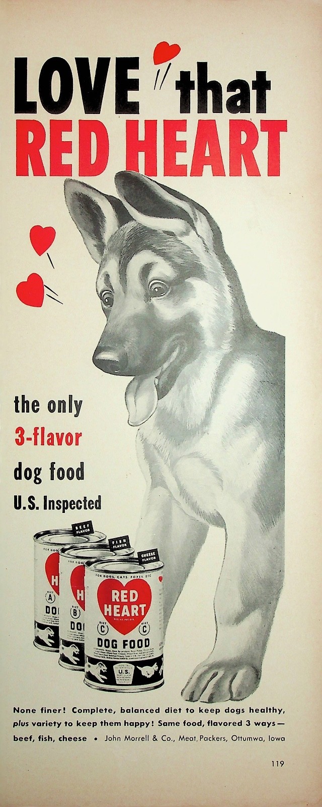 Original Vintage Print Ad:German Shepherd looking for the only 3-flavor Dog Food