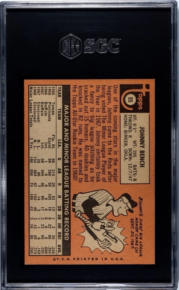 1969 Topps #95 Johnny Bench SGC 6.5 EX-NM  ~ Cincinnati Reds HOF ~ New Slab - Image 3 of 3