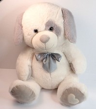 Oversized Plush Puppy Dog Gray and Cream Sparkle Eyes Gray Satin Bow 26"
