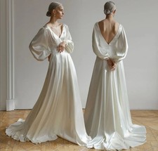 Elegant Simple Satin Wedding Dresses White V-Neck Long Sleeve A-Line Bridal Gown