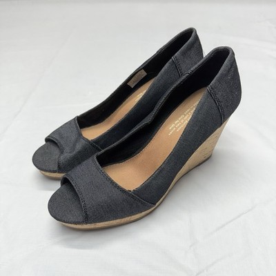 Toms Stella Blue Denim Peep Toe Cork Wedge Heels Women Size 7 Fabric Upper