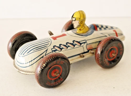 VINTAGE 1930/1940  MARX TIN LITHO WIND UP #1  WHITE  RACE CAR WITH DRIVER 6"