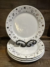 Set of 4 Pampered Chef 8" Dessert Plates 1996 White Gold Celebration Stars Dish 