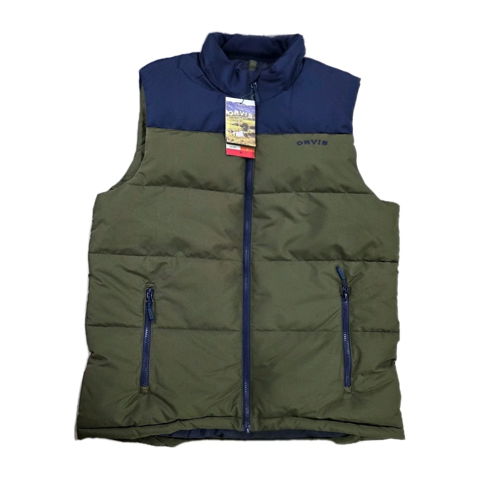 Orvis Puffer Vest Men’s Ripstop Olive Green & Navy Blue Full-Zip Size Medium
