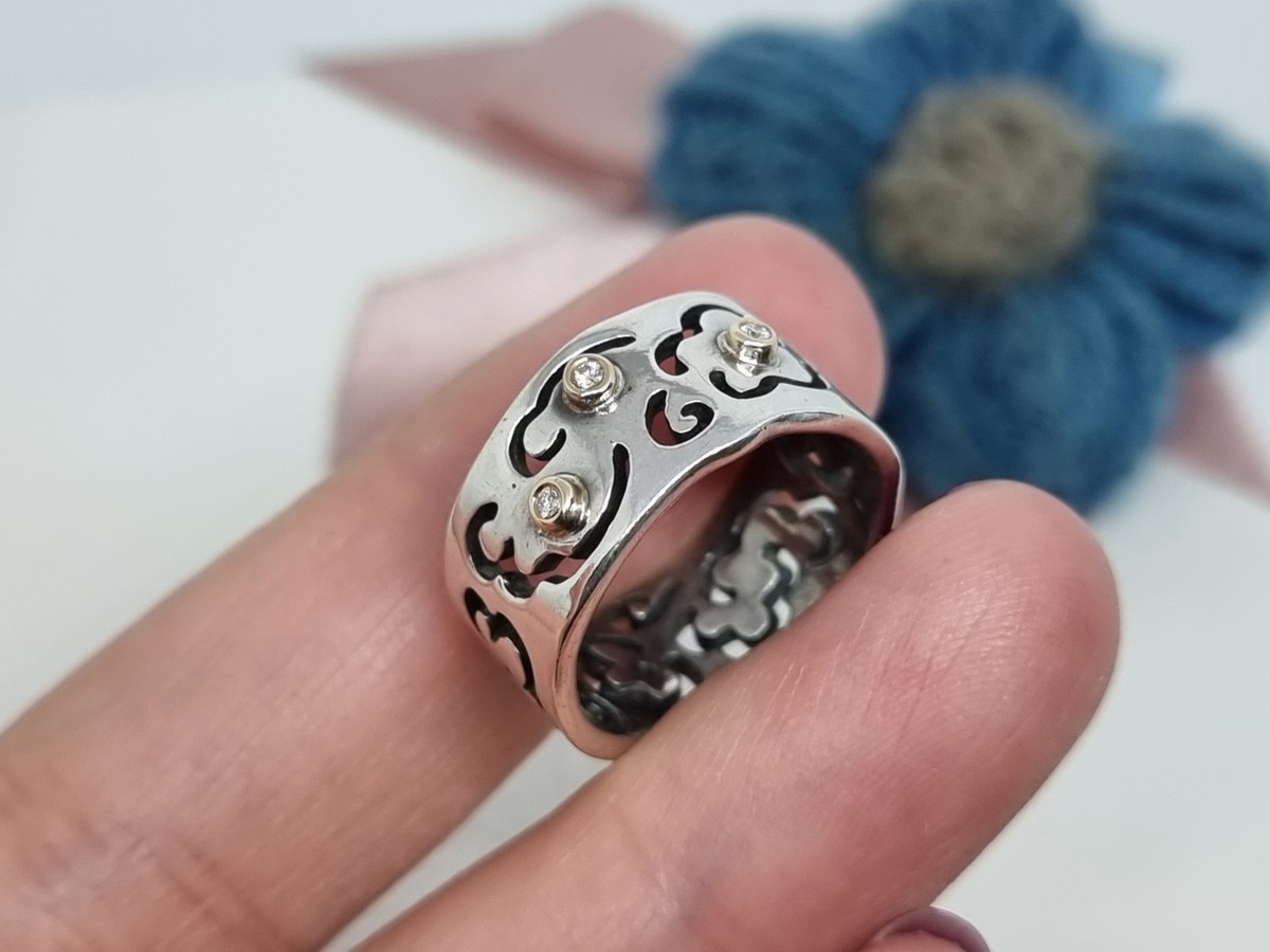 BOXED Genuine Pandora Silver & 14k Gold Diamond Life's Path Ring