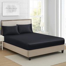 Queen Silk Satin Fitted Sheet, Soft Deep Pocket Single Bottom Queen, Black