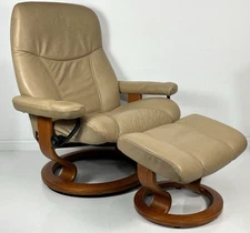 Ekornes Stressless Large Consul "Sand" Leather Swivel Recliner Chair & Ottoman