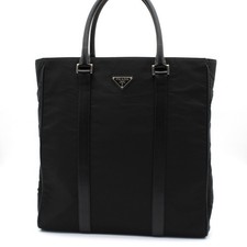 PRADA Triangle Logo Plaque Nylon Leather Black Handbag Tote Silver Hardware