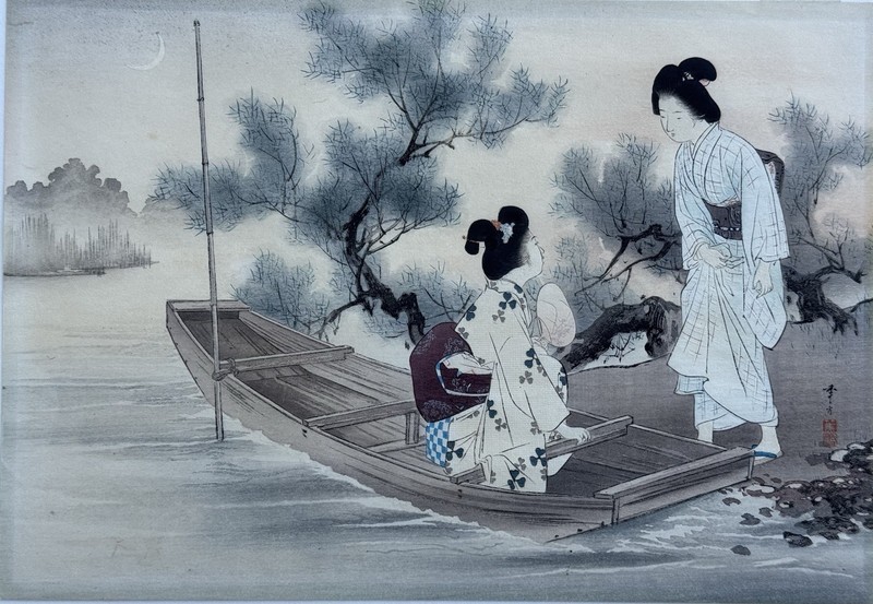 Toshikata Mizuno Japanese Woodblock Print Sumer Cool Breeze Of Evening 12X8