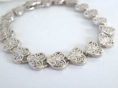 Vintage Sterling Silver Heart Love Filigree Link Chain Bracelet 7.25" - Picture 3 of 12