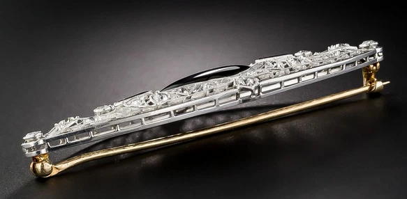 Large Art Deco 1.12CT Cubic Zirconia With Black Onyx Women Brooch Pin In Silver - Image 4 of 4