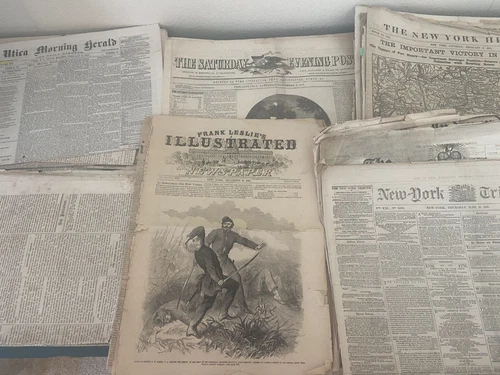 40  1861-1865 Civil War Newspapers Lincoln Grant Slavery Maps Original NY, Mass