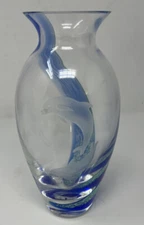 Lenox Caithness Scotland Etched Dolphin Blue Paradise Mouth Blown Art Glass Vase