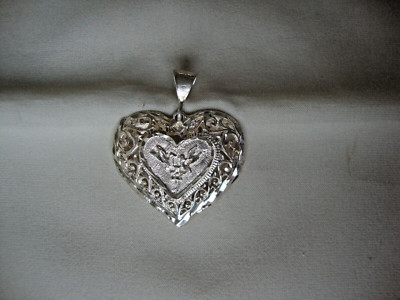 VTG SCROLLED 2-SIDED LOVE BIRDS HEART DIAMOND CUT STERLING SILVER