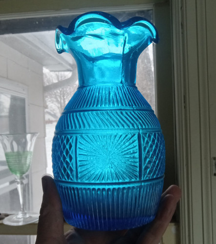 PRETTY BLUE PONTILED REPRO 3 MOLD BLOWN SUNBURST DECANTER VASE CLEVENGER BROS