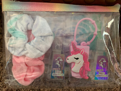 Girls Pouch Gift Set Face Mask 2 Hand Gels 1 Unicorn Holder 2 Scrunchies NEW