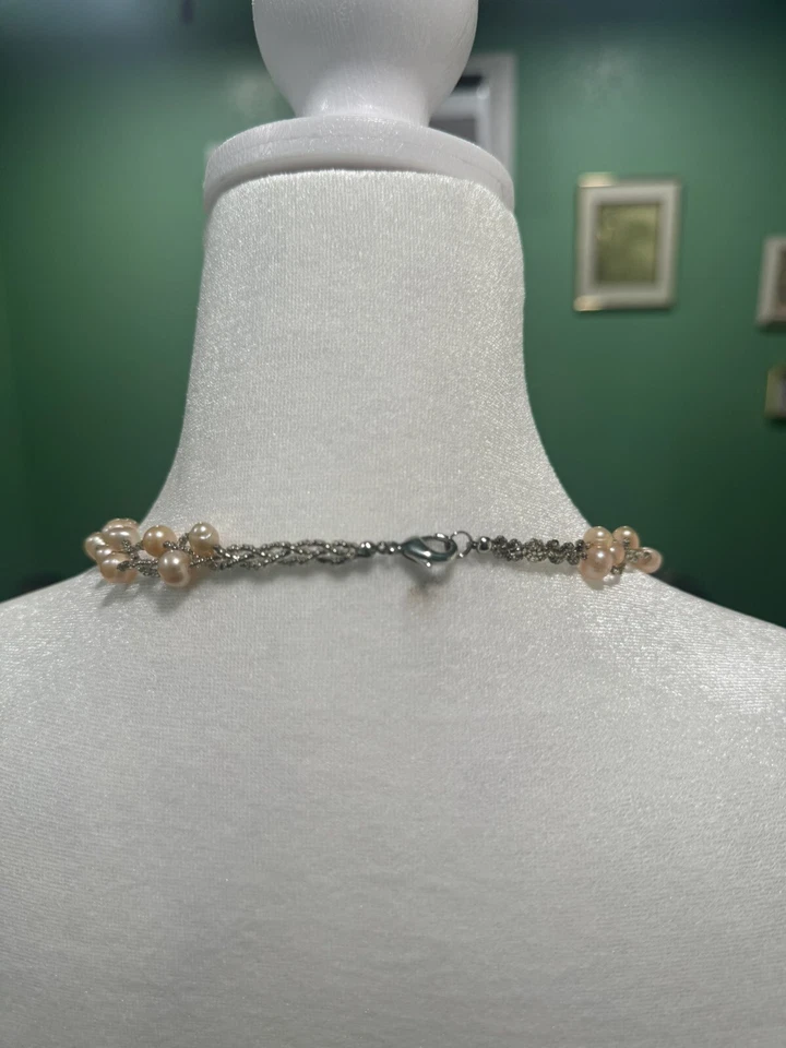 Винтажный Y2K пыльный розовый румяна жемчуг и семена бисер ремесленник ошейник ожерелье - Изображение 4 из 4