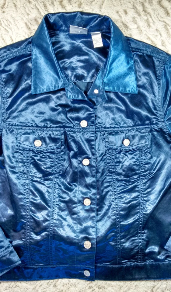 Blazer para mujer CHICO'S azul satinado mezcla de algodón botón plateado, talla 2 (14) Foto 4 de 4