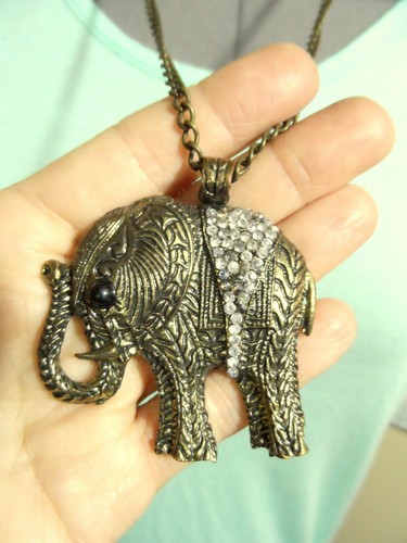 RUE21 Boho Elephant Necklace sweater length Rhinestone encrusted Medallion look - Picture 2 of 4