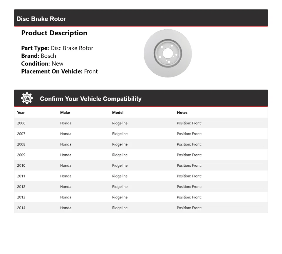 Rotor de freno de disco delantero QuietCast Bosch 2006-2014 Honda Ridgeline 2007 2008 Foto 2 de 4