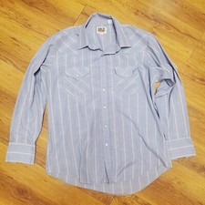 Ely Cattleman Western Sateen Peral Snap Button Down Shirt Blue White Striped Lg