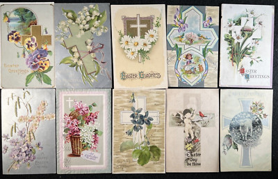 Lot 10 Easter Greetings Postcards Featuring Lilies  Lamb & The Cross