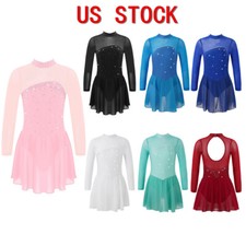 US Girls Skater Dress Figure Skating Leotard Dress with Rhinestone Print Costume