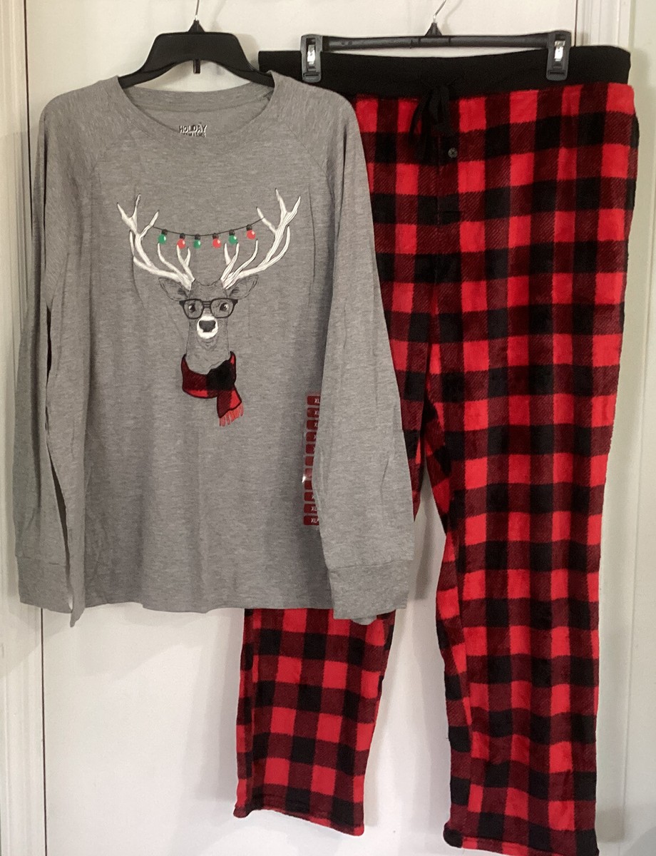 Holiday Fam Jams Pajama Set Mens Red Black Plaid Reindeer Winter
