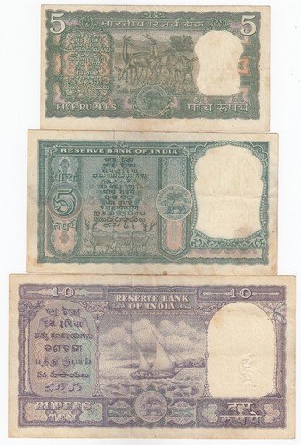 India, 5, 5, 10 Rupees, Lot of 3, All Different Old Issue, XF+, XF++, Rare - Picture 2 of 2