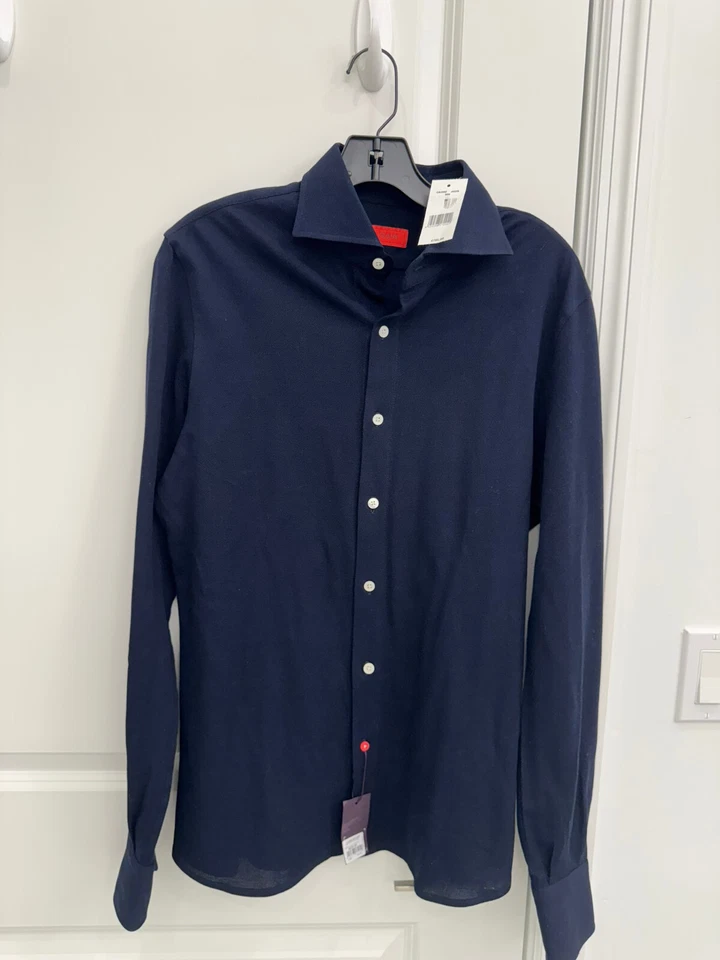 $795 Camisa Jersey Isaia 100% Algodón Azul Medianoche Cuello Extendido 15.5 (EU 39) NUEVA CON ETIQUETAS Foto 2 de 4