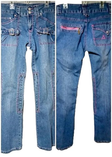 Vintage Y2K Jenny Jo blaue Jeans Junior 5/6 Schnallenriemen Ösen niedriger Bund rosa Besatz
