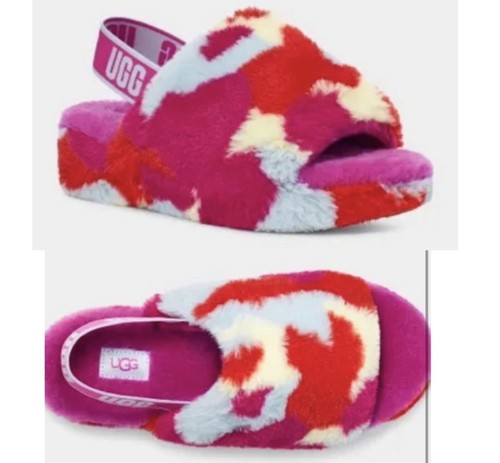 UGG Women's Fluff Yeah Slide Sz 6 Camopop Multi Cowprint Platform Y2K Pink New - 第 1/13 張圖片