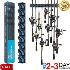 Vertical Fishing Rod Holder Wall Mounted Organizer Rack Blue Garage 9 Rods Pole