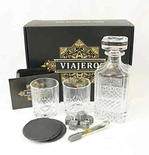 NEW Viajero Crystal Glass Boss Engraved Whiskey Decanter Glasses Bar Ware Set