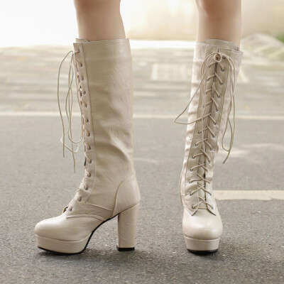 Punk Gothic Women Block High Heel Knee High Boots Platform Lace Up Knight Boots