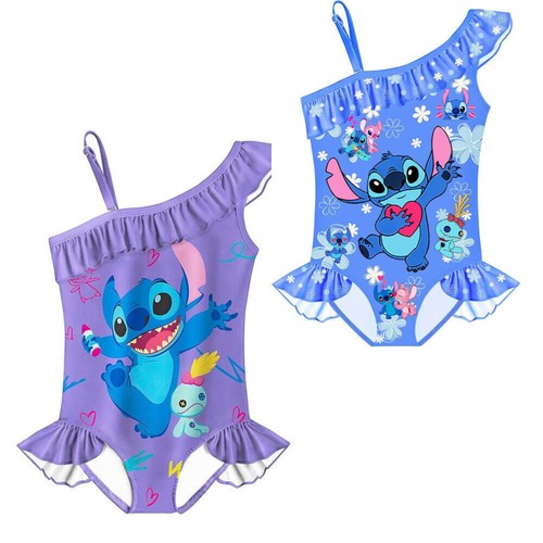 Kids Girls Lilo Stitch Swimming Costume One-Shoulder Ruffled Swimwear Beach Suit - Picture 2 of 11
