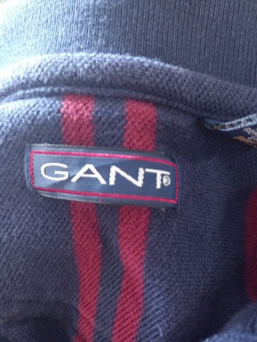 Gant Polo Shirt Size Large Navy Burgundy Striped 3 Button Collared Short Sleeved - Foto 6 di 9