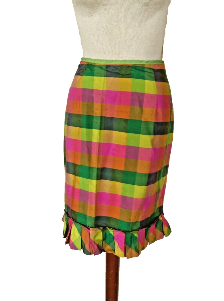 Falda lápiz Armani Collezioni para mujer a cuadros Dupon seda hasta la rodilla con volantes talla M Foto 2 de 4