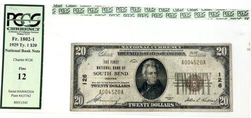 1929 PCGS $20 National Bank Of South Bend Fine 12 - Afbeelding 1 van 2