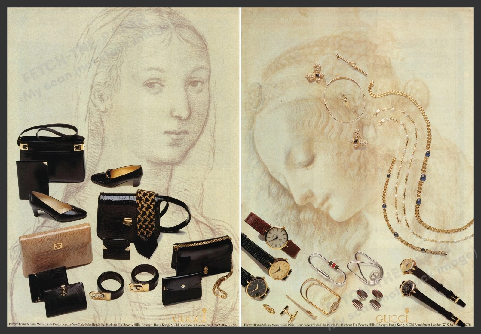 Accessoires Gucci sacs à main sacs à chaussures ceintures années 1980 publicité imprimée (2 pages) 1982