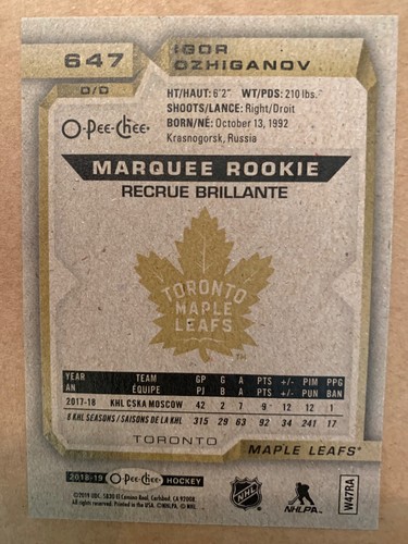 (2) 2018-19 O-PEE-CHEE IGOR OZHIGANOV MARQUEE GOLD ROOKIE RC UPDATE #647 LEAFS - Picture 3 of 3