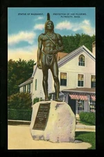 Massachusetts MA postcard Plymouth, Massasoit Statue linen Colourpicture