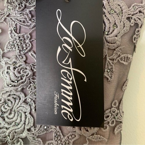 NWT La Femme Embellished Mesh A Line Gown Gray Rose 6 Retail $639 - Picture 8 of 14